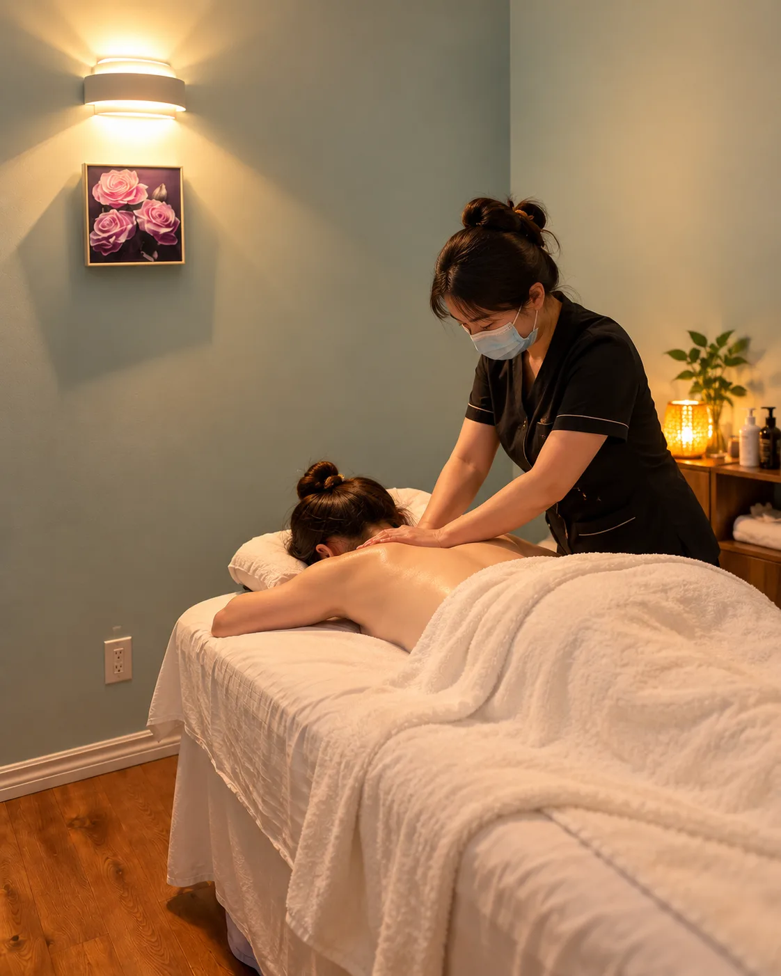 Therapist giving a massage in the treatment room at Vive Beauty Health Centre